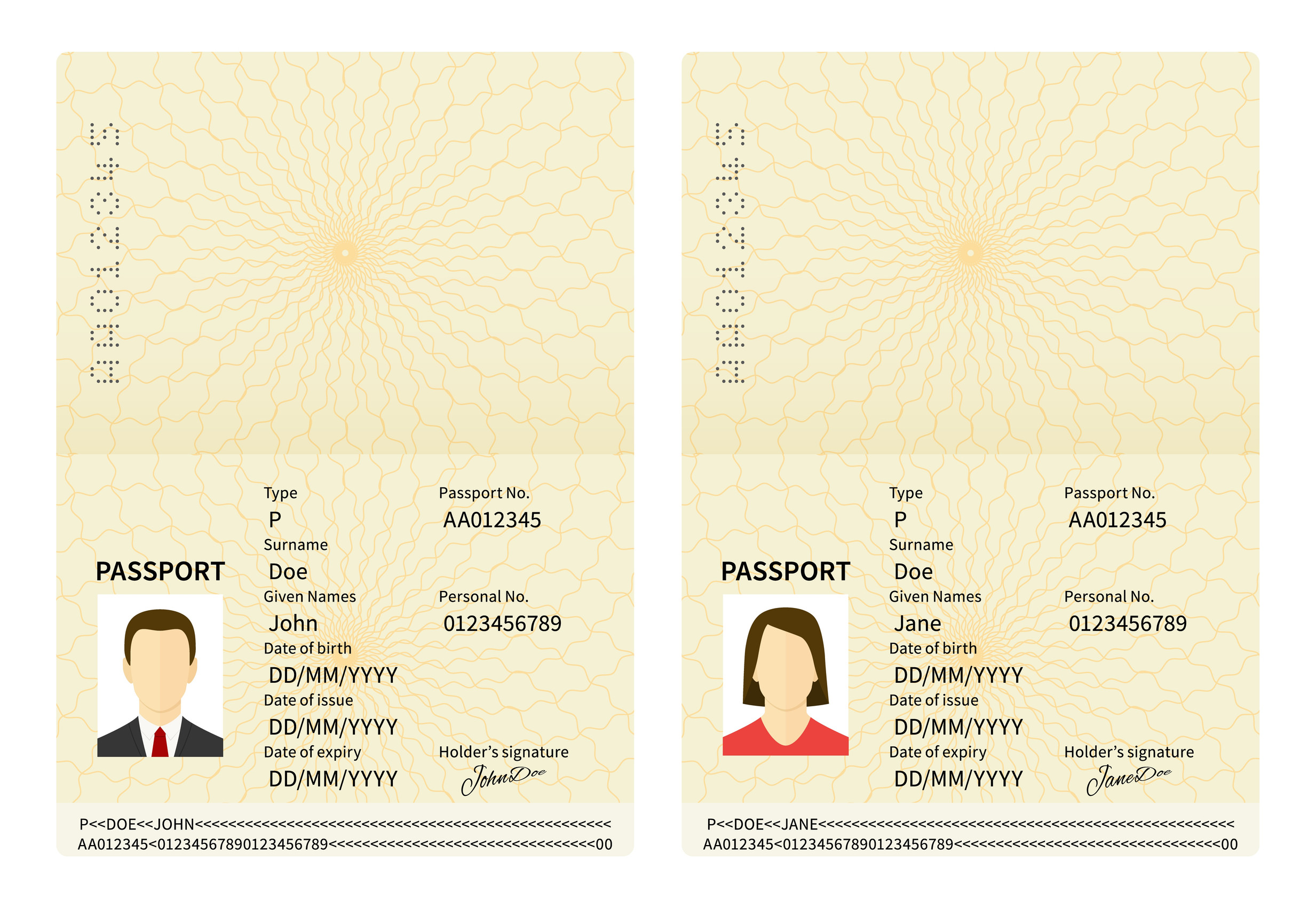 male and female open passports vector identity document id with person photo