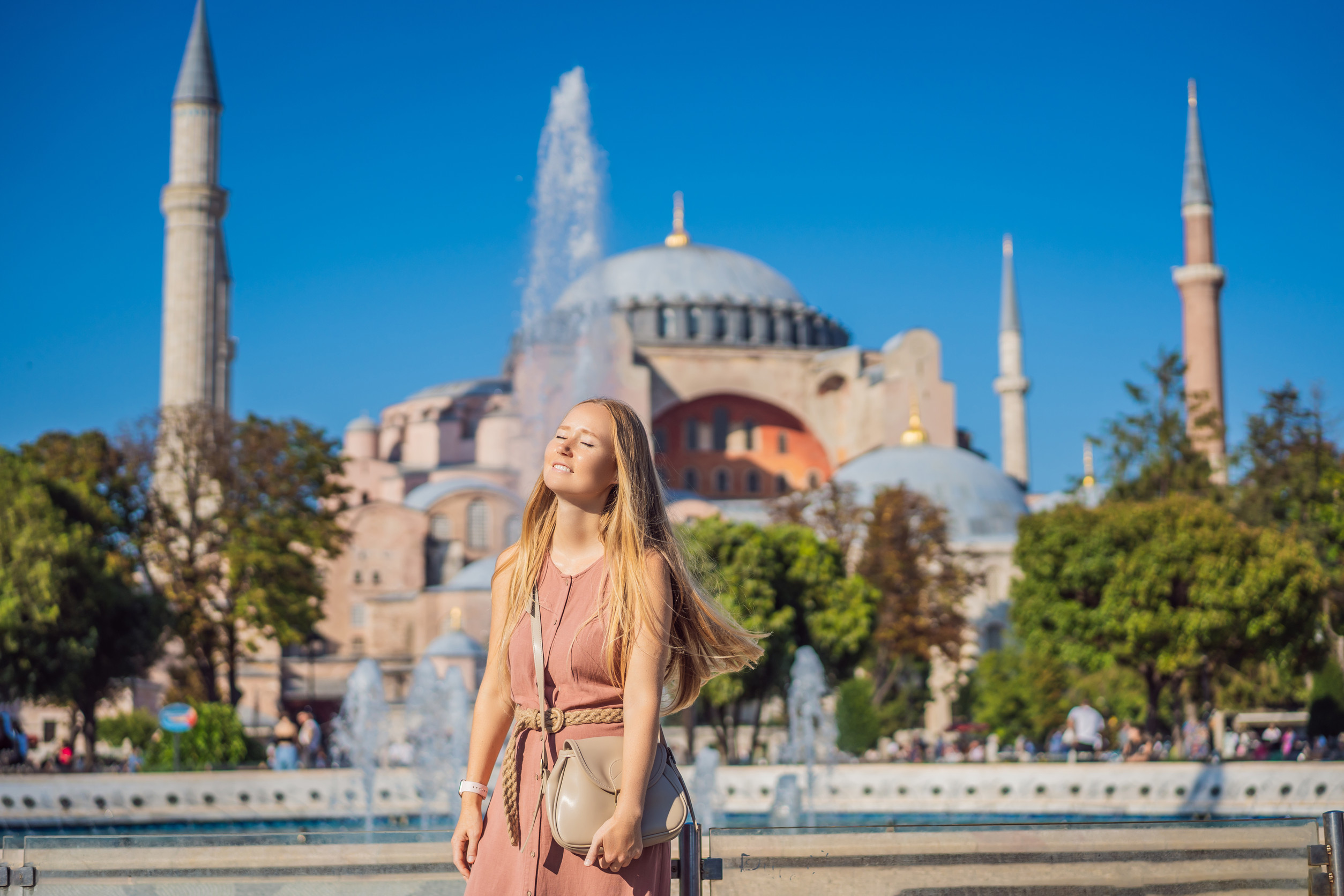 woman enjoy beautiful view on hagia sophia cathedral famous islamic landmark mosque travel