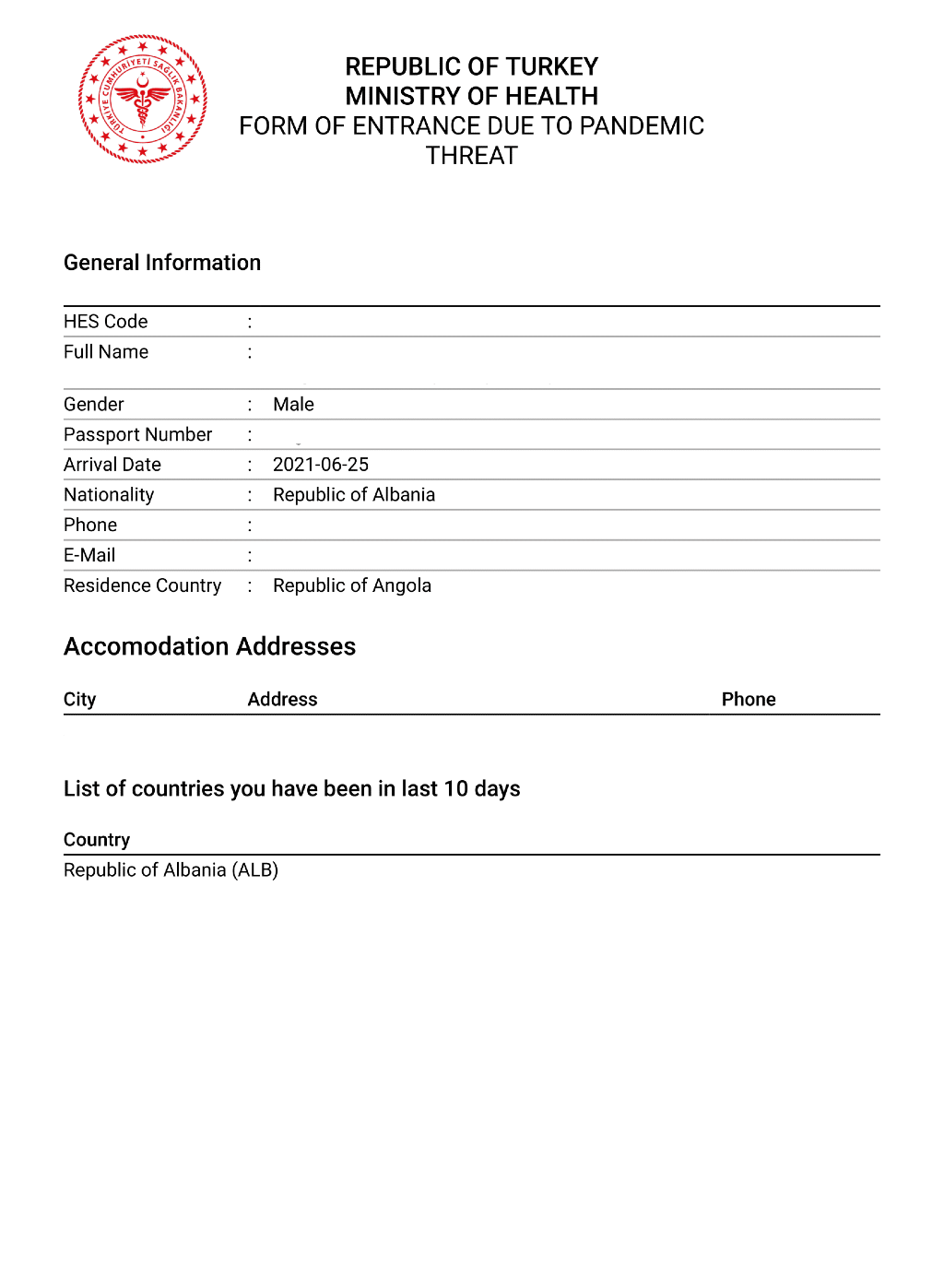 Formulario de entrada a Turquía PDF